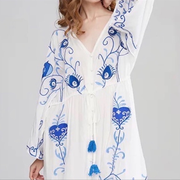 5 Star⭐️Fav Blue Bird Boho Embroidered Hearts Magic Kimono Long Maxi - Picture 8 of 9